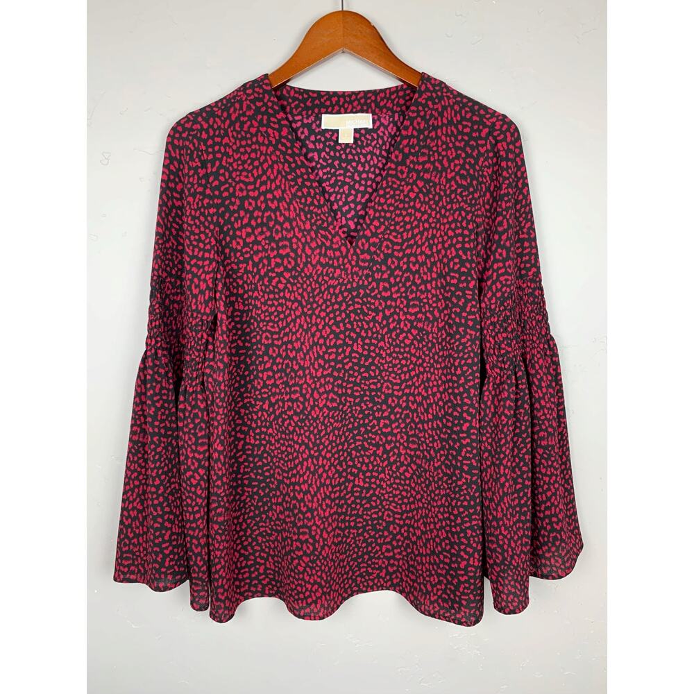 Michael Michael Kors Blouse Red Black Leopard Print Bell Sleeves Women's S